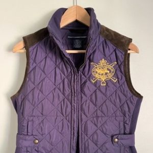 Ralph Lauren Women Sporty Quilted Vest Purple Medium Leather trim Zip up